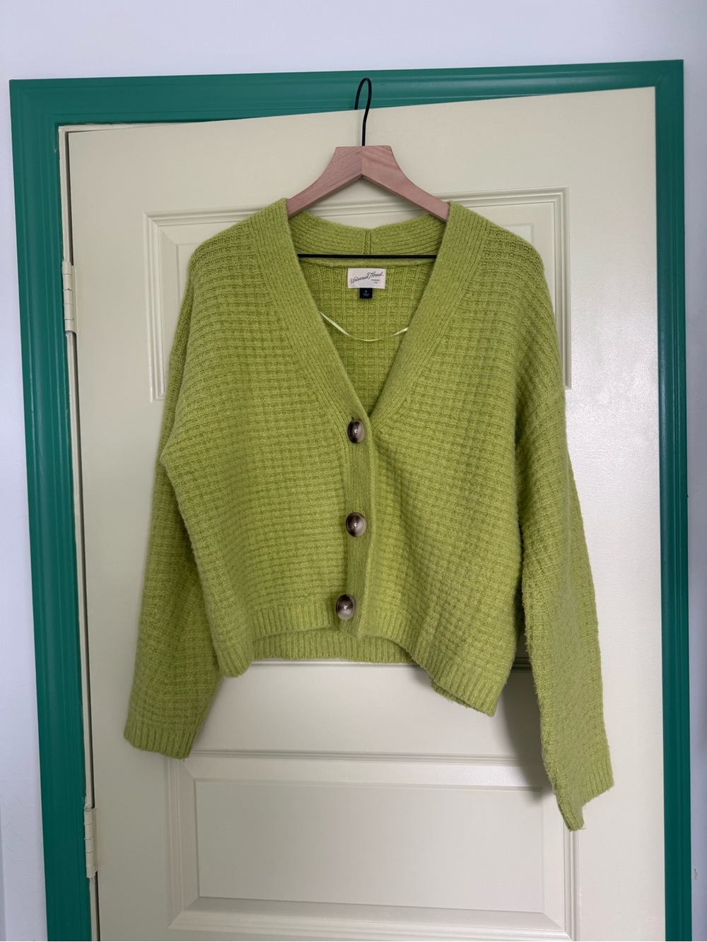 Universal Thread Lime Green Waffle-Knit V-Neck Button Cardigan - Picture 2 of 6